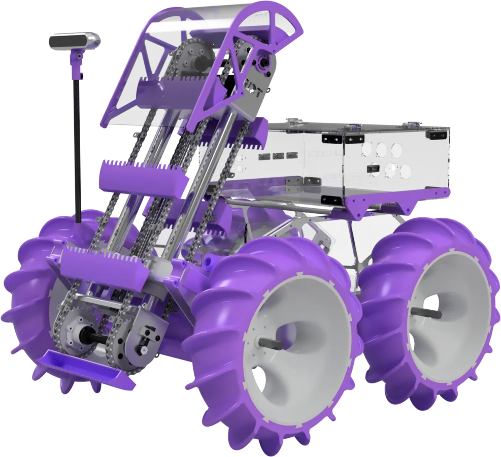 CAD rendering of the assembled Luna rover, showing its wheels, digging ladder, collection bin, and electronics